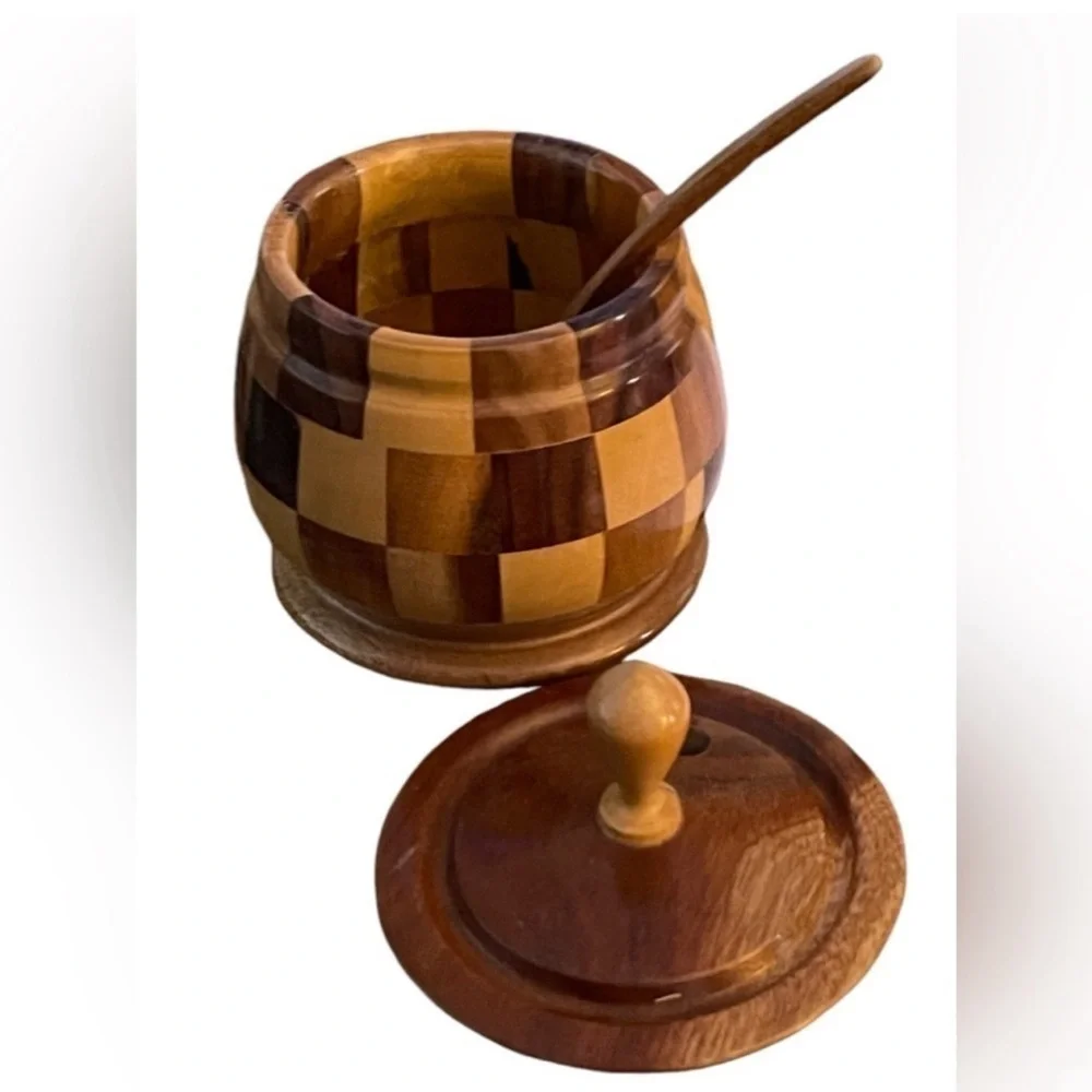 Hand Turned Checkerboard Wood Honey Pot
